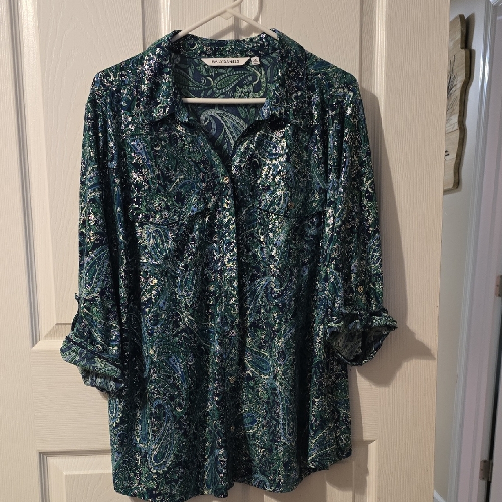 Coldwater Creek Teal Paisley Button Down Shirt
